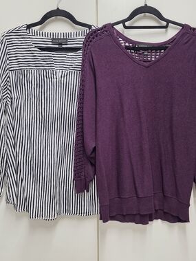 Lane Bryant Bundle Size 14/16 Striped Blouse & Plum Crochet Sleeve Top